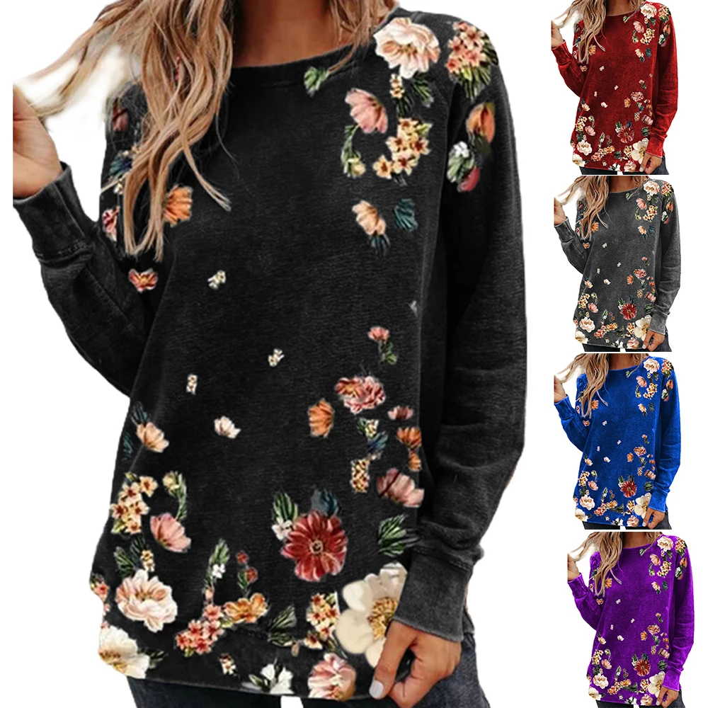 Женская футболка с цветочным принтом Топ Футболка длинным рукавом женская