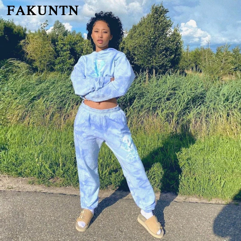 저렴한 FAKUNTN-여성 겨울 세트 운동복 2021 패션 뉴 라운지웨어 후드티 운동복 캐주얼 바지 투피스 세트 여성 의상, 겨울 의상