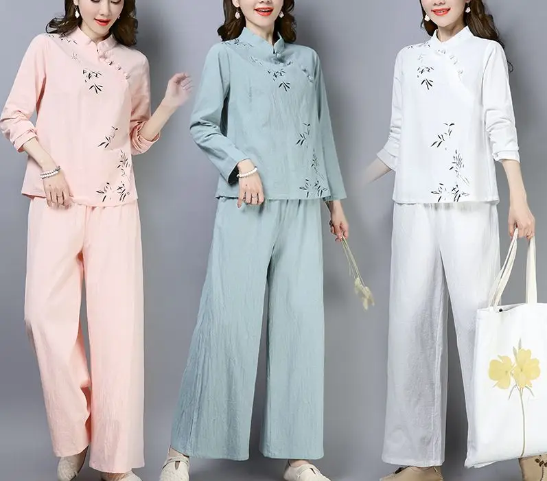 Новинка хлопковая и льняная летняя одежда Тай Чи женская с принтом для йоги ушу
