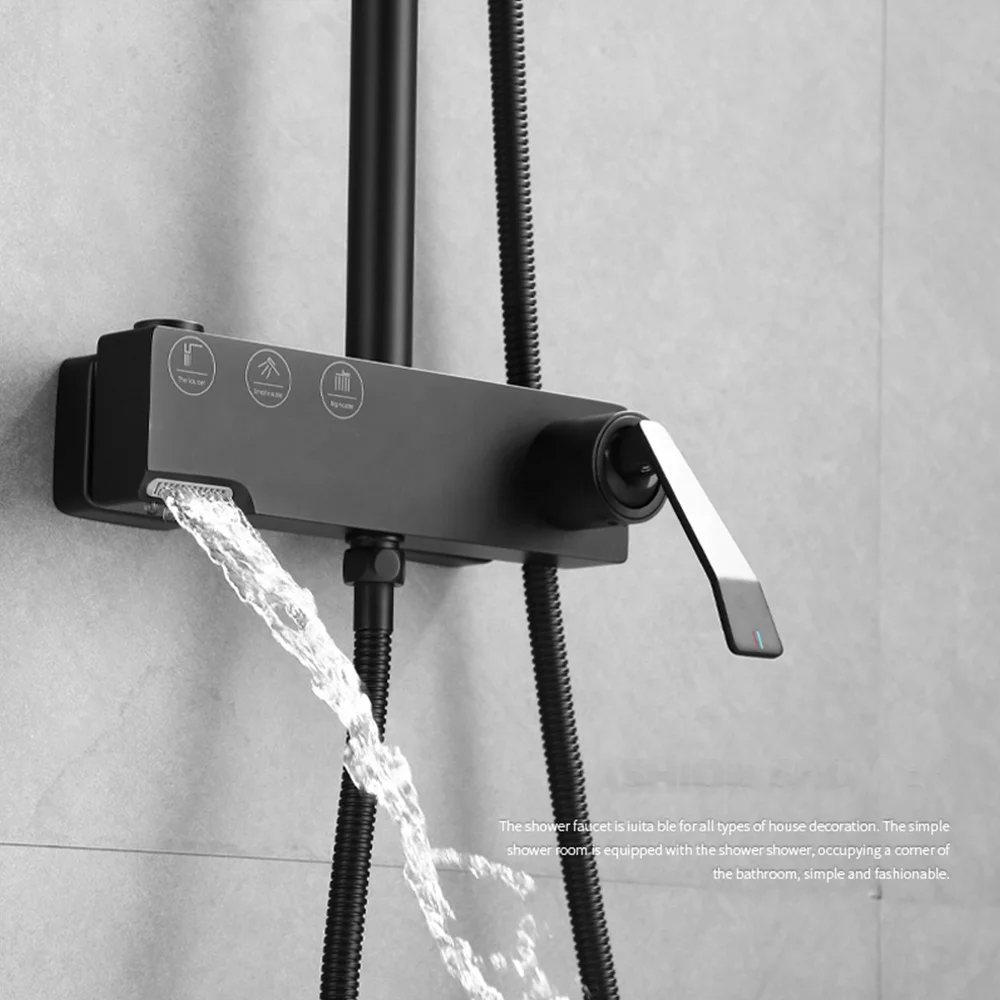 

Bathroom Luxury Rainfall Shower Wall Mounted Black Shower Mixer with 2-Function Handshower Temperature Control Shower Panel