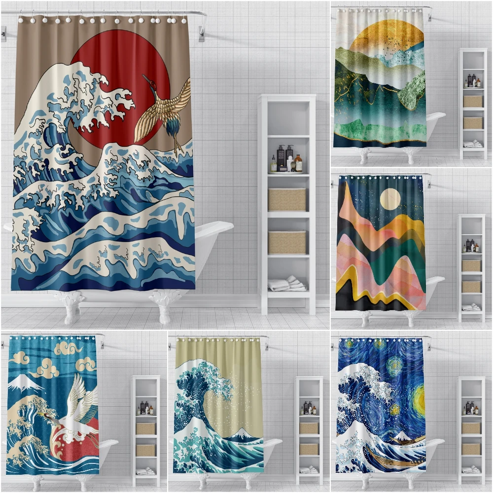 

Японская занавеска для душа с волнами и закатом, трехмерная зеркальная занавеска из водонепроницаемой полиэстерной ткани, занавеска для ду...