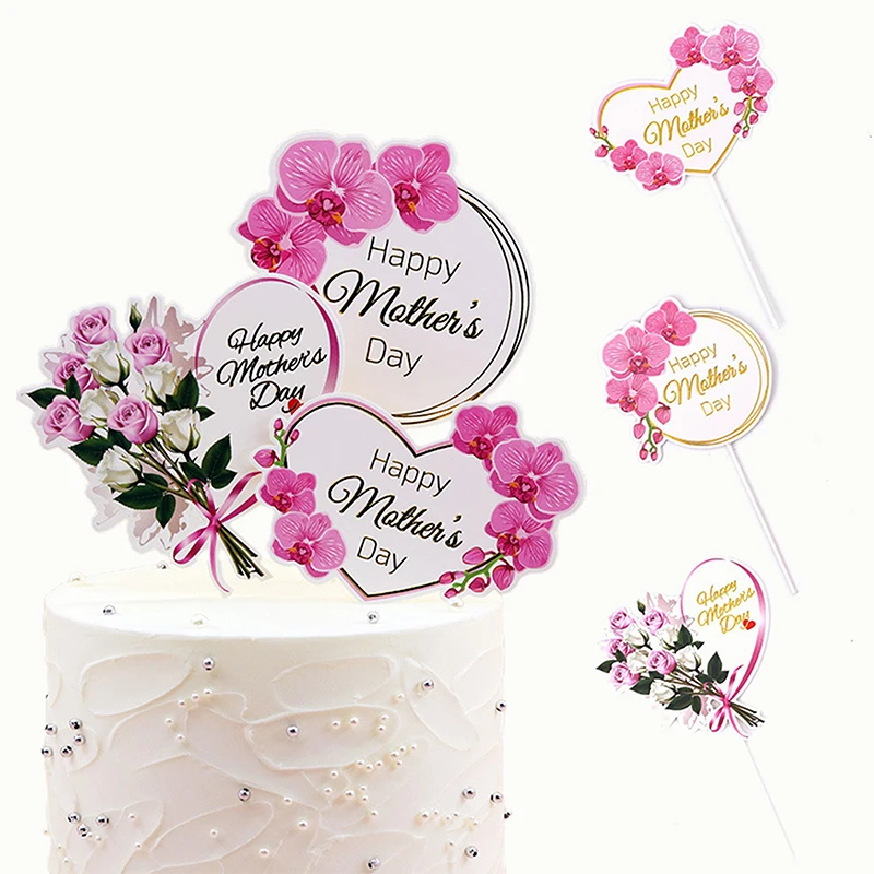 

Happy Mother's Day Paper Cake Topper Ribbon Bouquet Flower Baking Cake Topper for Mother's Day Cake Decoration Supplies