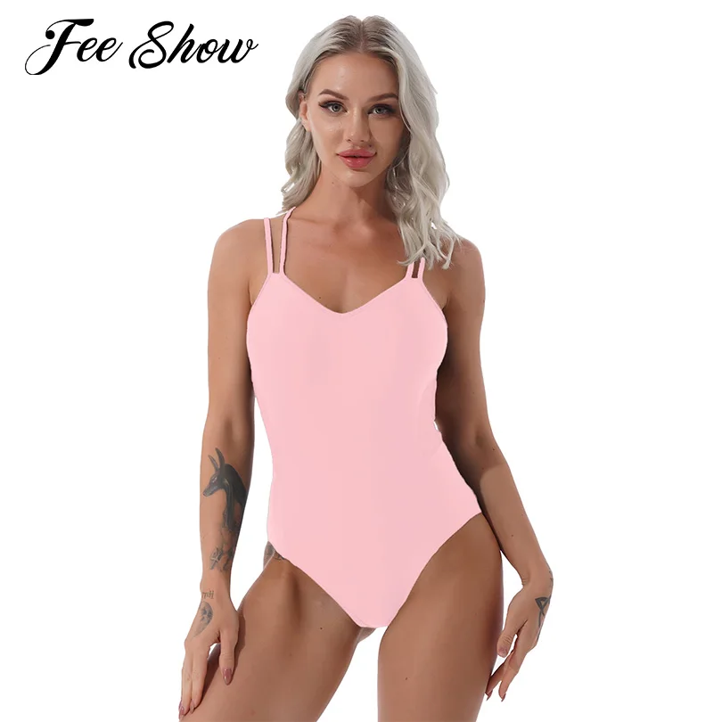 

Women Spaghetti Straps Pads Sports Bodysuit Solid Color Professional Ballet Dancer Gymnastics Leotards Competition Dance Wear