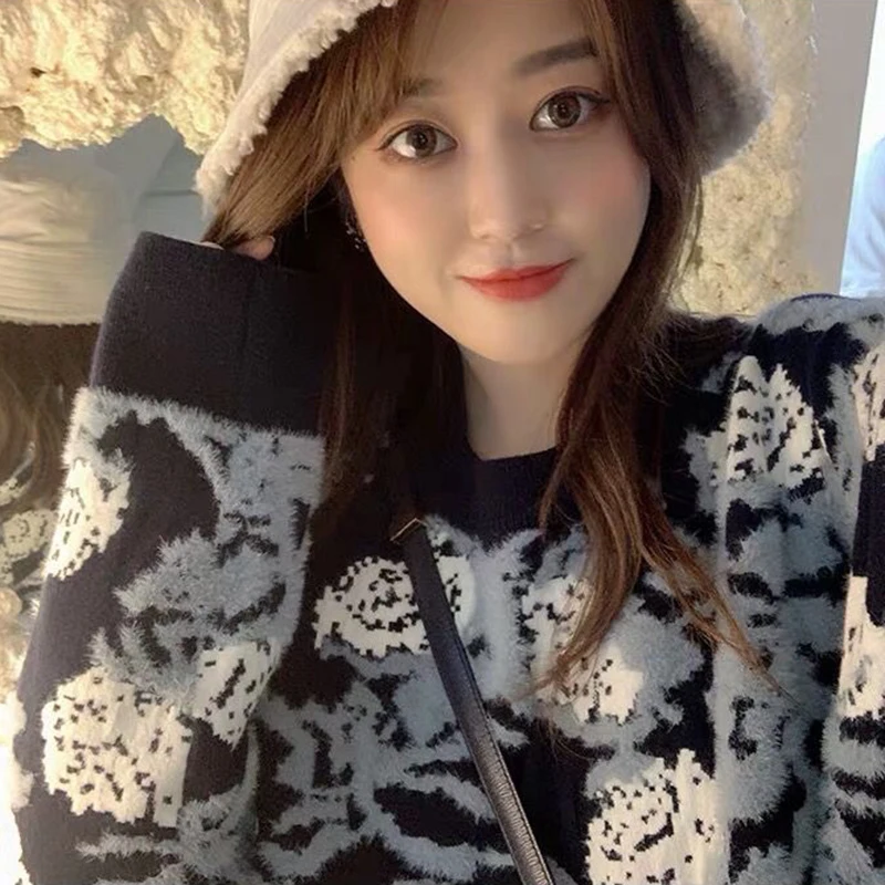 

Flower Knitted Sweater Women O-Neck Long Sleeve Casual Autumn Winter Pullovers Loose Vintage Kawaii Warm Jumpers Thicken X649