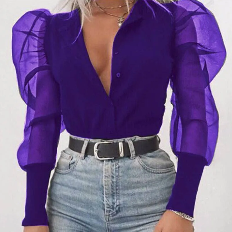 08 Purple Женские модные, прозрачные блузки с длинным рукавом в сеточку, сексуальные топы с рукавом-фонариком, винтажные мешковатые блузки с рукавом в горошек и круглым вырезом - Цвет: 08 Purple