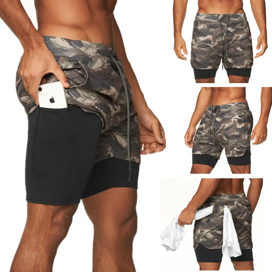 Мужские камуфляжные шорты 2 в 1 спортивные для бега и фитнеса быстросохнущие