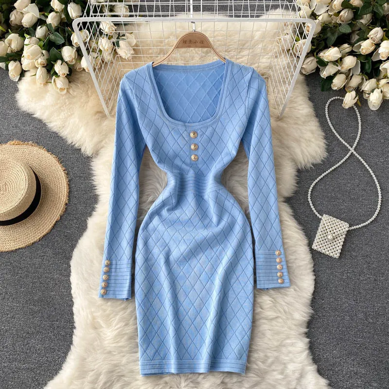 

Office Lady Dress Women Elegant Slim Waist Dress Autumn Winter Female Long Sleeve Knitted Sweater Bottoming Dress Vestidos A122