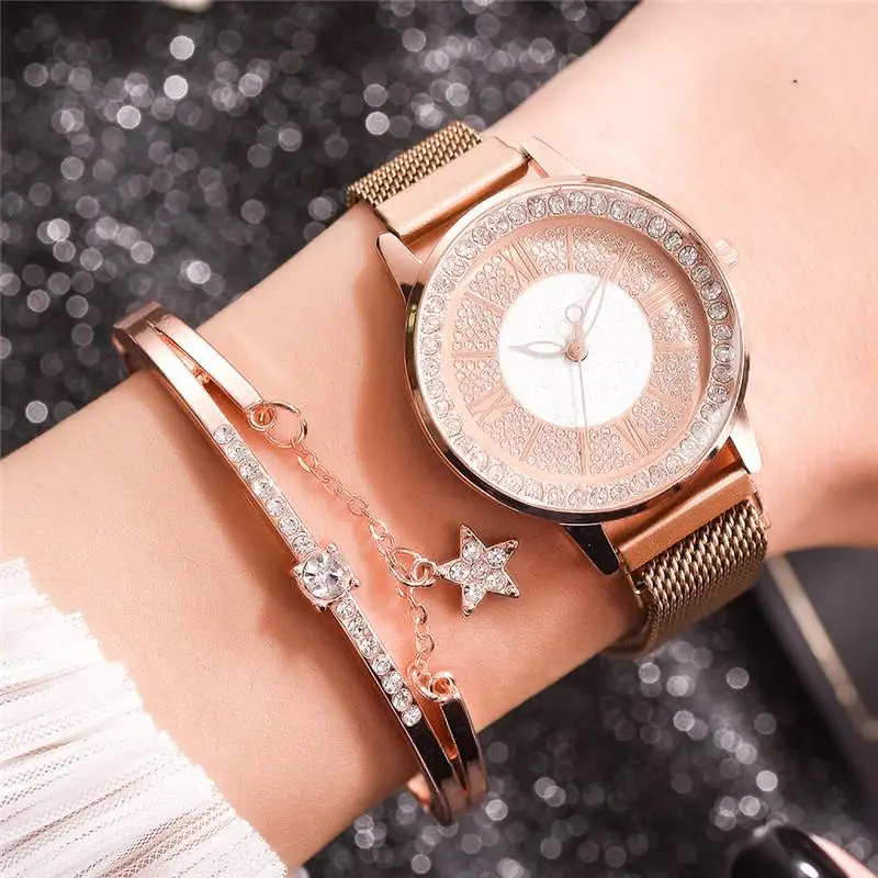 

Shining Crystal Women Luxury Fashion Watches Gold Stainless Steel Mesh Strap Quartz Watch Magnet Buckle Ladies Wristwatches 36mm