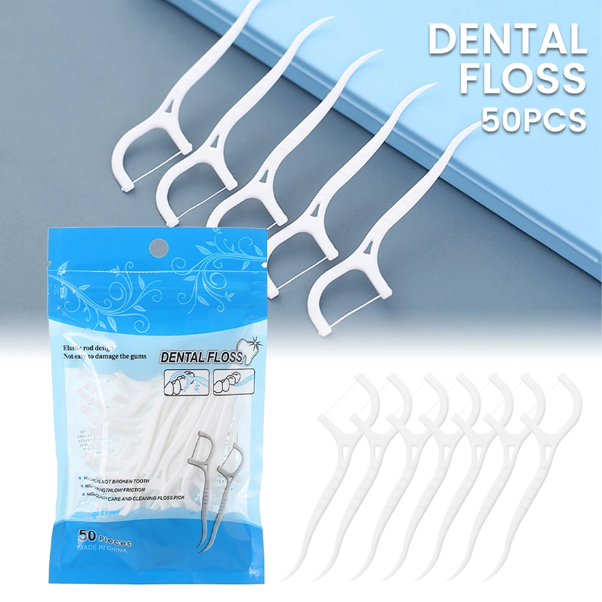 

50Pcs Dental Flosser Picks High Toughness Disposable Non-Slip Dental Floss Flosser Oral Hygiene Care for Family Daily or Travel