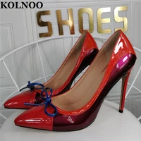 kolnoo new simple style handmade womens high heels pumps bowties patchwork leather two tones slip on party office fashion shoes