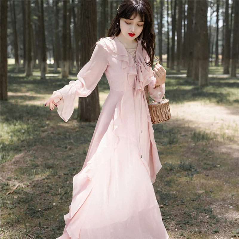 Женское винтажное платье YAMDI boho однотонное розовое элегантное трапециевидной