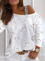 women clothing 2022 spring autumn casual tops long sleeve tee heart pattern sequins cold shoulder t shirt oversize