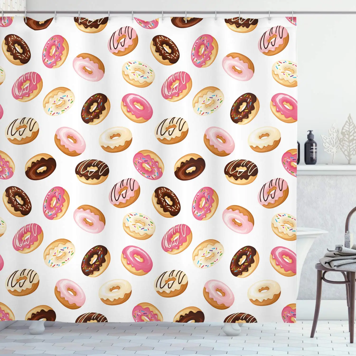 Food Shower Curtain American Traditional Classic Breakfast Fast Dessert Tasty Donuts Art Print Cloth Fabric Bathroom Decor | Дом и сад