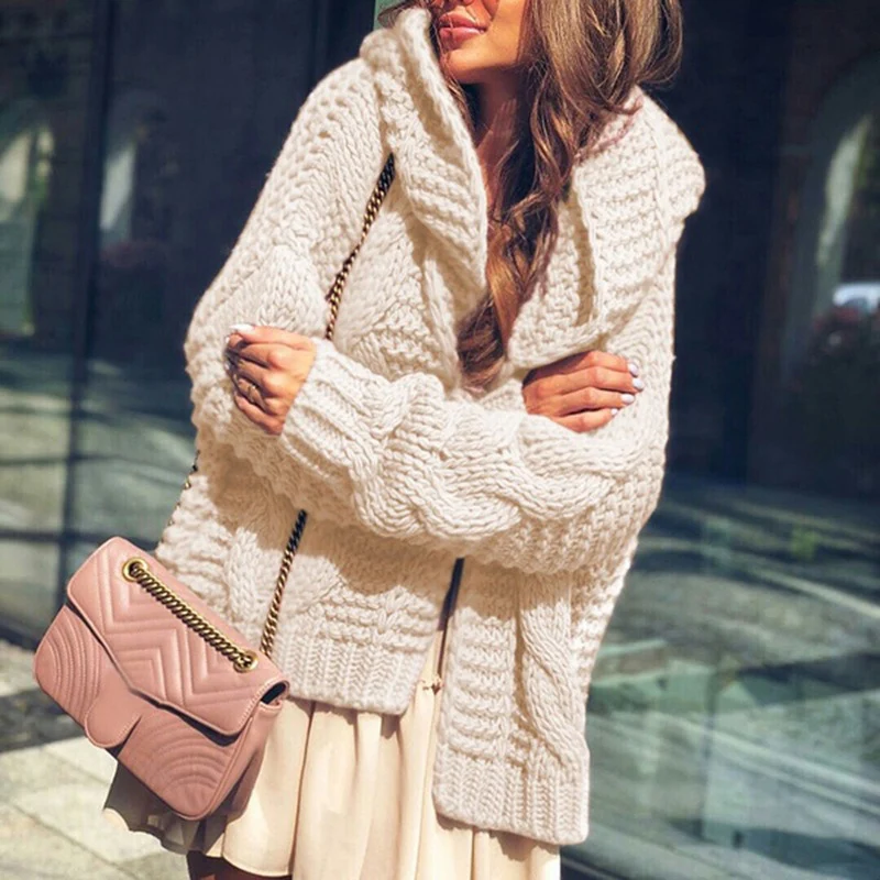 

Autumn Winter Hooded Warm Knitted Sweaters Women Elegant Cardigan Solid ​Sweater Coats Casual Loose Long Sleeves Patchwork Tops