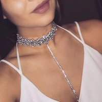 european and american luxury sexy womens shiny crystal necklace long flow suede rhinestone body jewelry geometric fashion night