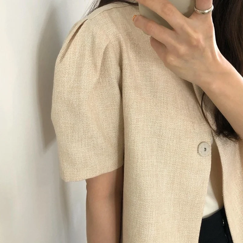 

Korean Chic O Neck Invisible Button Blazer Women Loose Puff Sleeve Crop Tops Simple Office Ladies Summer 2021 Thin Suit Jacket