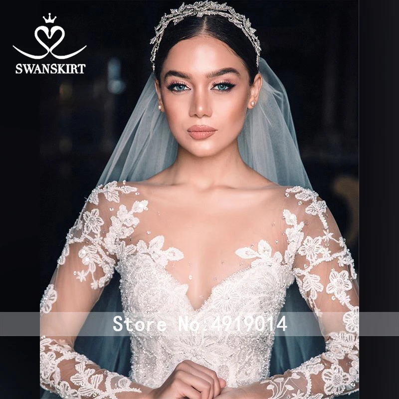 Роскошное Свадебное платье Swanskirt с аппликацией из бисера бальное платье размера плюс с длинным рукавом с цветами свадебное платье Vestido de noiva QY01