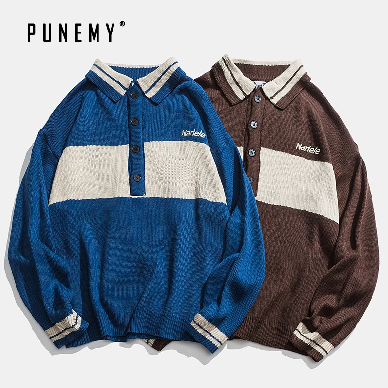 Мужской пуловер в стиле ретро акриловый воротник поло большие размеры хип-хоп