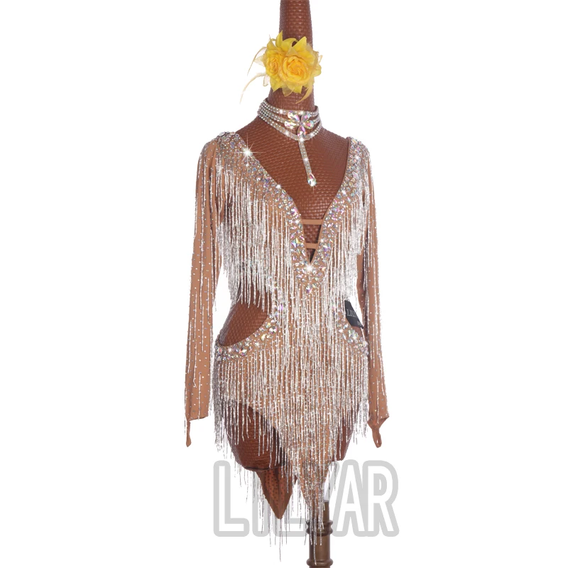 New Latin Dress Dance Dress Skirt Competition Dress Decoration Latin Dance Costumes Skirt Bead Tube Tassels Deep V complexional