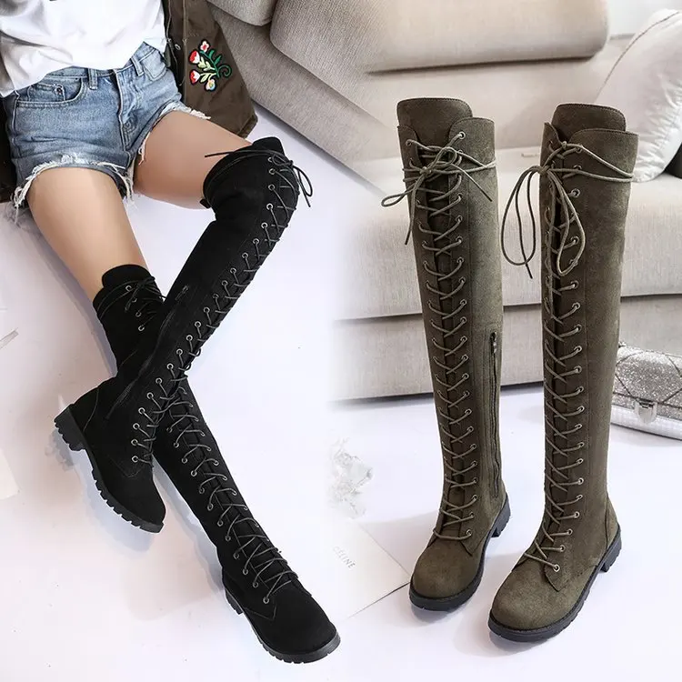 

Fashion Women's Round Head Crossed Knee Length Belt Side Zipper Boots
