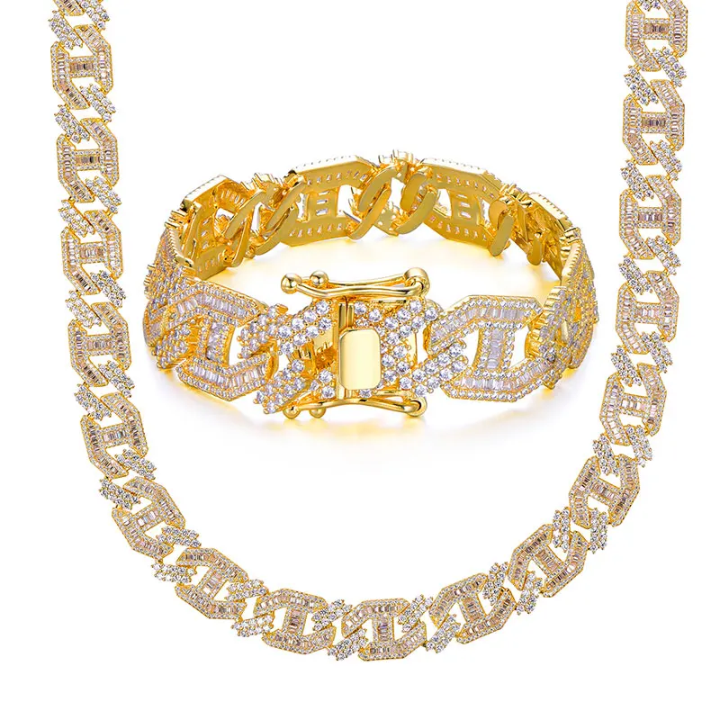 Hip Hop 15MM Heavy Miami Baguette Zircon Iced Out Cuban Link Necklace AAA CZ Prong Setting Necklaces Hip Hop Jewelry 18'' 24''