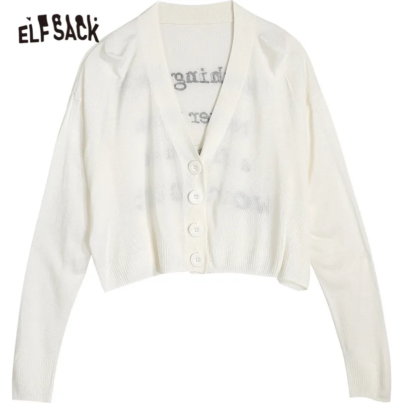 

ELFSACK Letter Print Chic Single Breasted Knit Casual Women Cardigan 2021 Summer ELF Vintage Girly Sweety Basic Daily Knitwear