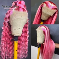 preferred pink red highlight wig pre plucked ombre deep wave wig brazilian remy 13x4 lace front human hair wigs for women