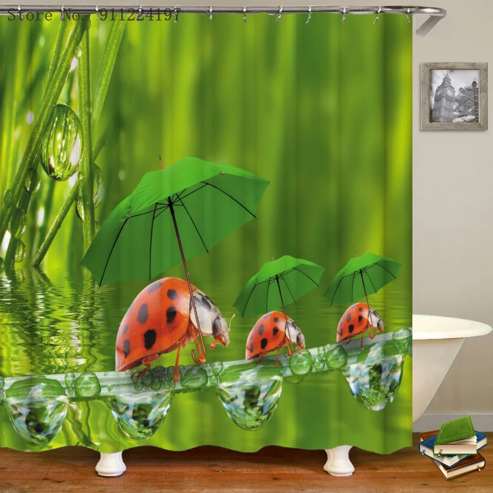 

Ladybug Shower Curtain 3D Waterfall Print Bathroom Curtain Polyester Waterproof Bathroom Decor Beautiful Scenery Shower Curtain