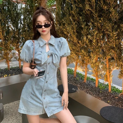 

HAN Dress female summer new shirt skirt denim dress design sense hot girl style wild waist slim short skirt