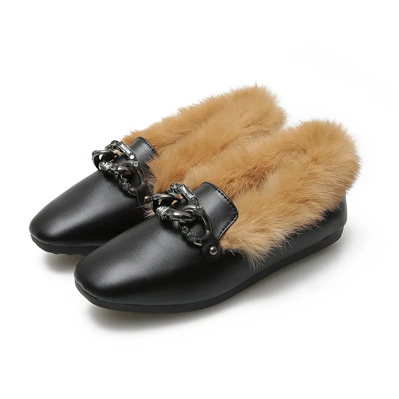 

Square Toe Casual Woman Shoe Modis Loafers Fur Slip-on Female Footwear Round 2021 Slip On Dress Mules PU Solid Flat Lace-Up Leis