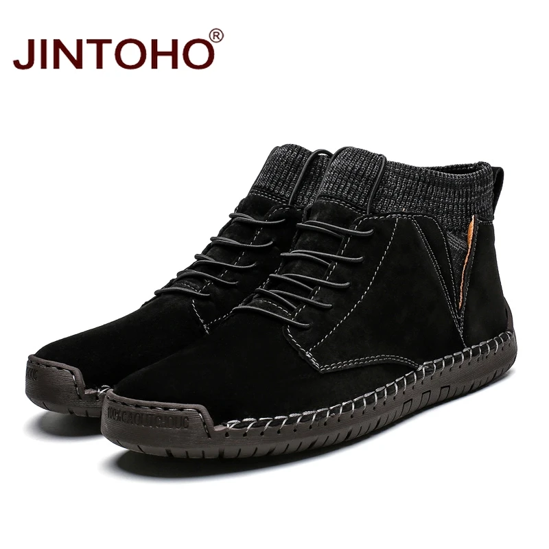 JINTOHO/мужские кожаные ботильоны большого размера; модная мужская обувь из натуральной кожи; Брендовые мужские ботинки; теплые зимние ботинки; зимние ботинки для работы