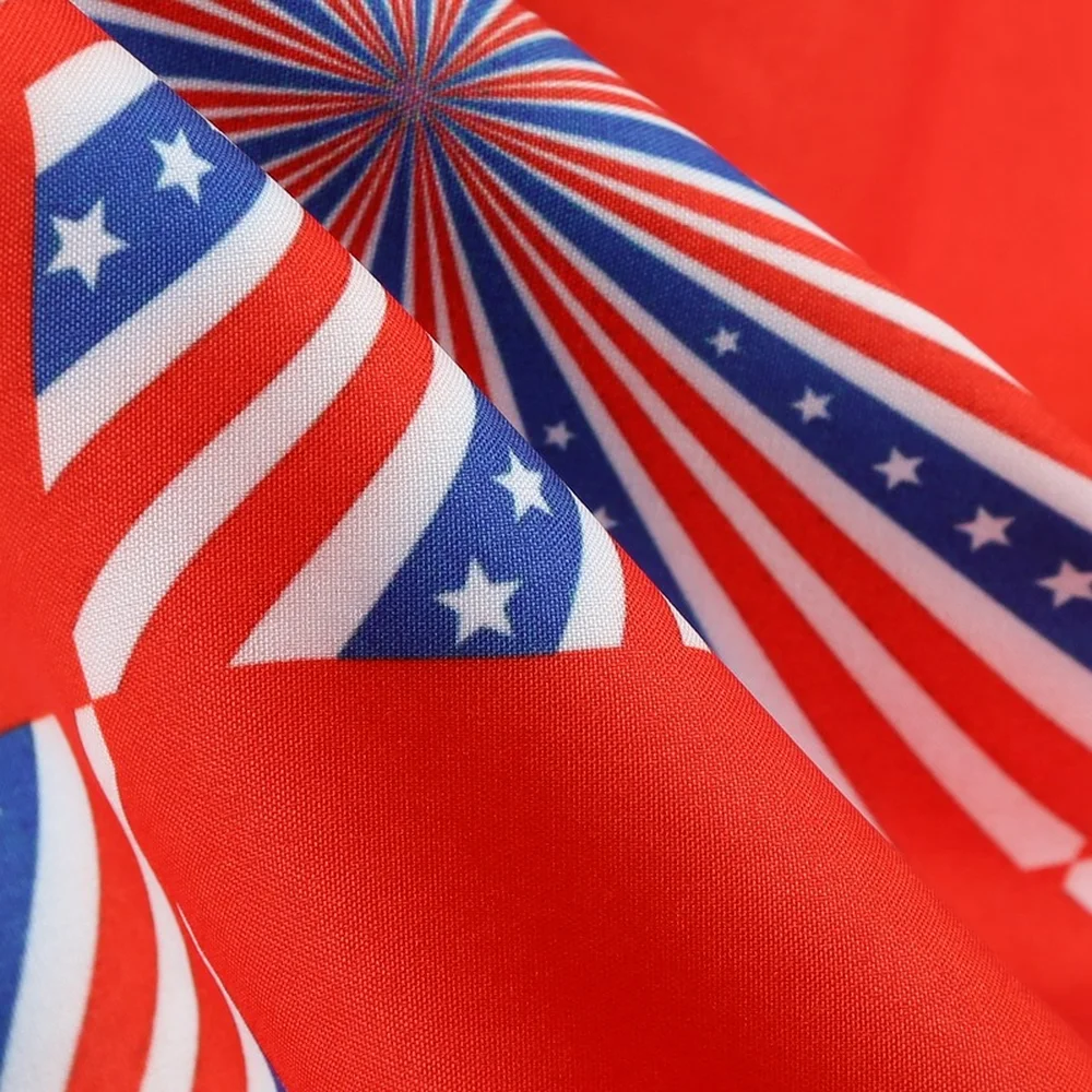 

Women Sleeveless Lndependence Day Black Ribbon Waist Gathering Big Hem Dress Ladies Multicolor Printing Casual Plus Size Dresses