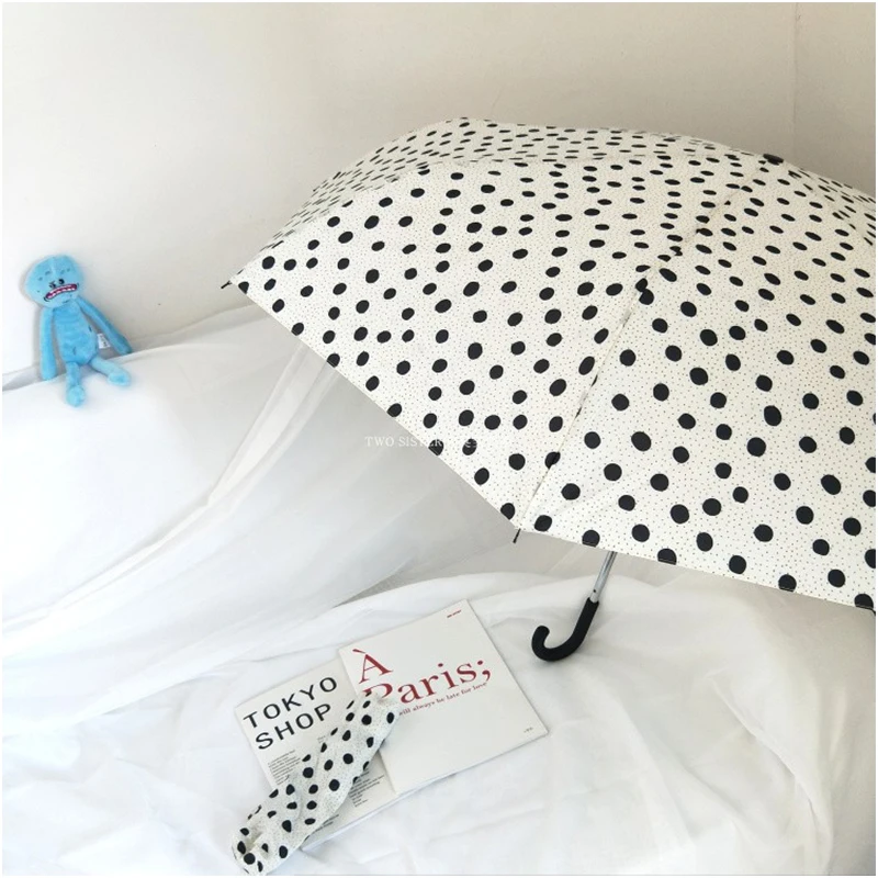 Новый зонт в японском стиле горошек с изогнутым крючком складной тройного