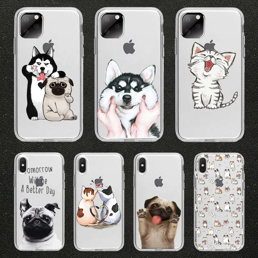 Забавный милый чехол для телефона с котом, собакой и животными для iPhone 11 pro max 5 SE 5 S 4S 6 6S 8 7 Plus X XR XS MAX прозрачный силиконовый чехол из ТПУ