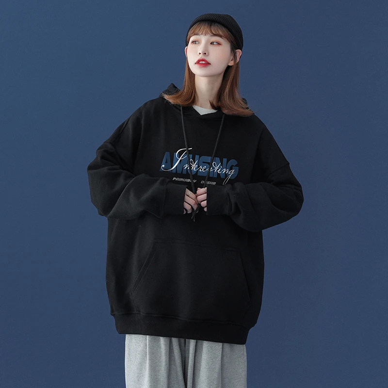 

LANXIYAN Sweater women's spring and autumn hooded chic cartoon sweet cool top loose Korean BF lazy wind thin coat