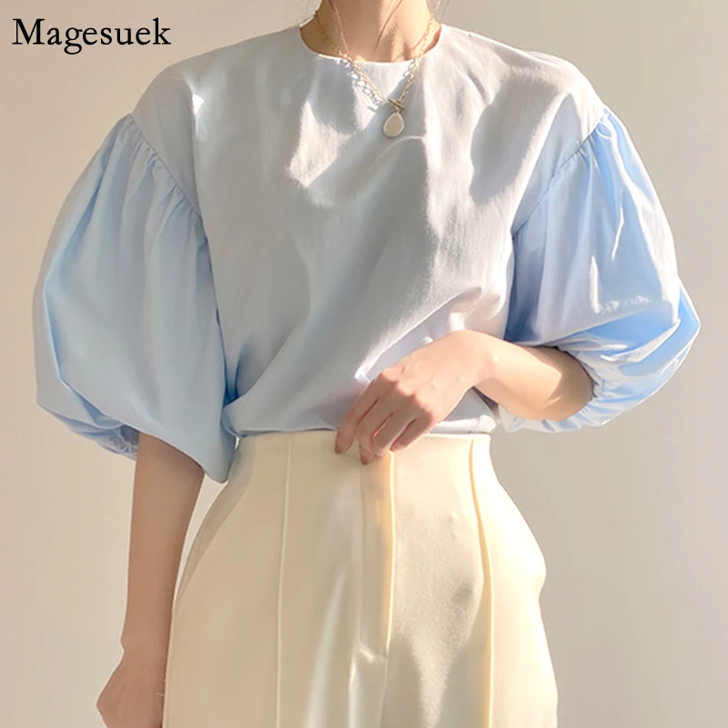 

Женская блузка с полурукавами-фонариками, однотонная свободная винтажная блузка с рукавами-фонариками, модель 2021 в Корейском стиле на лето,...