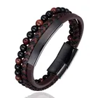 Мужской плетеный браслет из натуральной кожи, с магнитной застежкой, тигровый глаз, браслеты из бисера