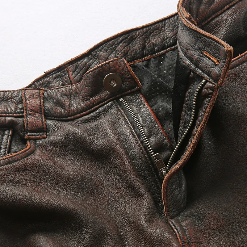 Брюки мужские длинные из натуральной кожи с карманами в винтажном