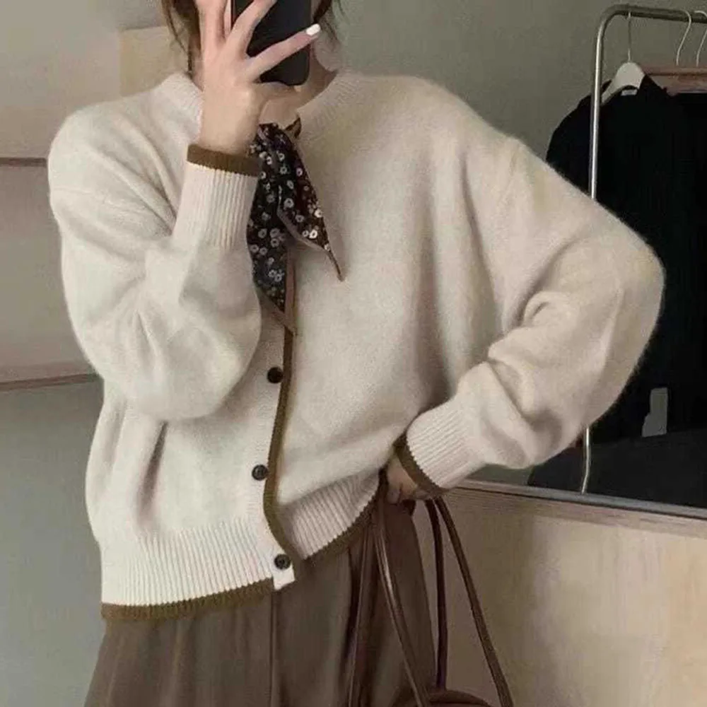 

2021 Autumn New Korean Style Fashion Solid Color Knitted Cardigan Women's Round Neck Knit Sweater Loose Casual Female Clothing