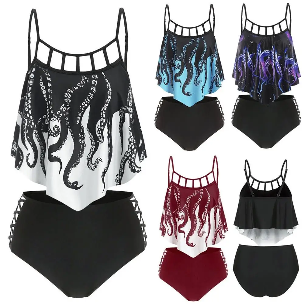 

Woman Bikini Swimsuit 2020 Bikini Push-Up Padded Biquini Overlay Octopus Print Flounce High Waist Tankini Swimwear Bathing suit