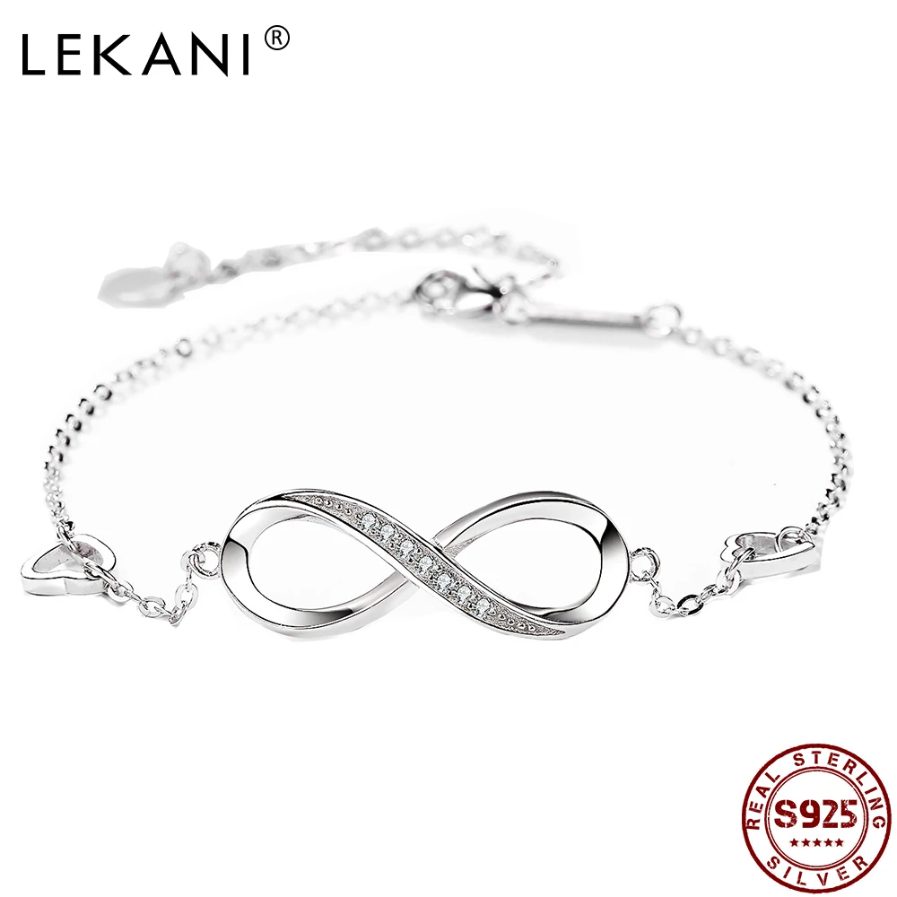 LEKANI браслеты из стерлингового серебра 925 пробы с цепочкой бесконечности для женщин цирконием в форме сердца