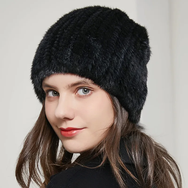 DY-02 Popular Style Mink Fur Hat Female Autumn-Winter Warm and Thickening Fur Woven Fox Fur Ball Knitted Hat