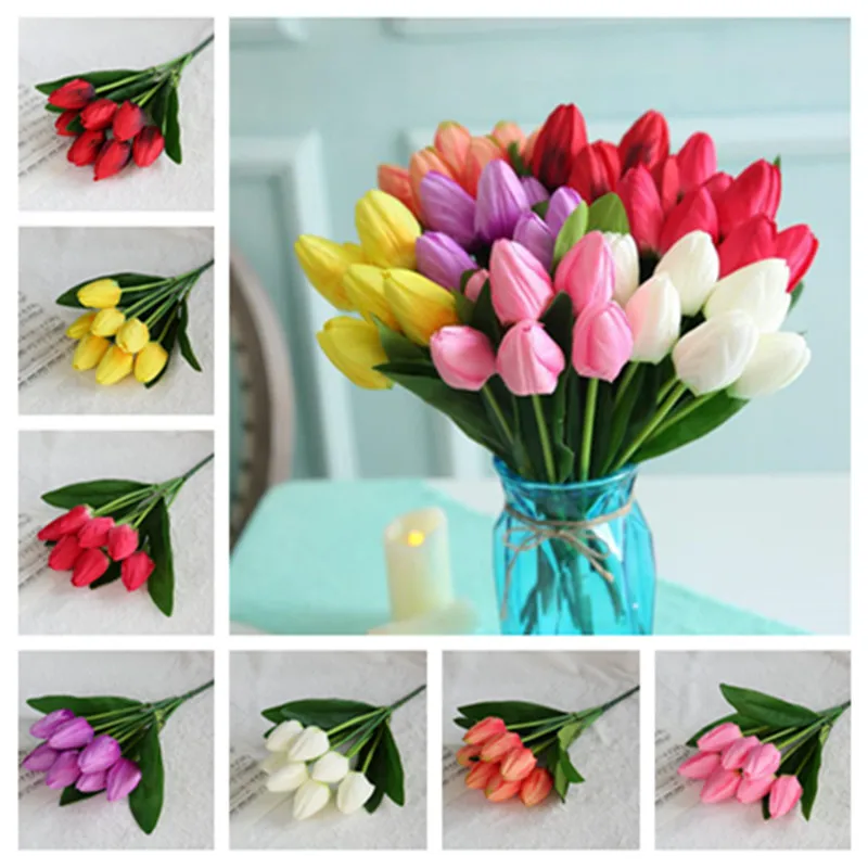 

7Pcs Fake Tulip (7 heads/bunch) 14.57" Length Simulation Spring Tulips for Wedding Home Decorative Artificial Flowers
