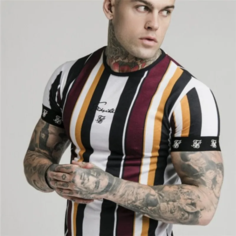 

2019 Hip Hop tight TShirt Short Sleeve High quality Brand Men muscle stripe bodybuilding fitness men tops polyester singlets