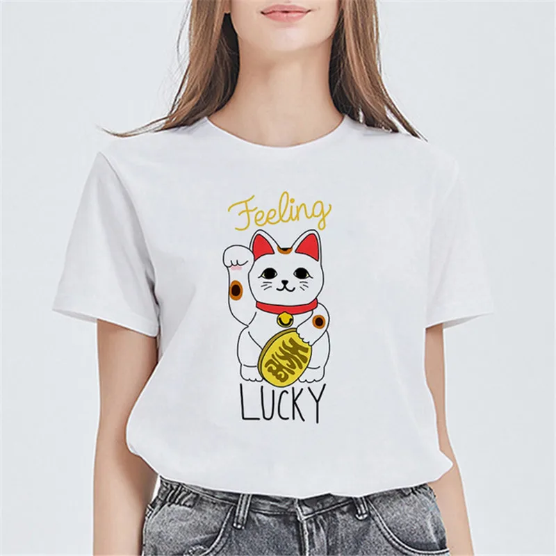 Женские футболки LUSLOS летние с принтом в виде милого японского кота Харадзюку