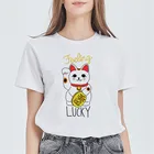 Женские футболки LUSLOS, летние футболки с принтом в виде милого японского кота, Харадзюку, манэки, Неко, с рисунком, уличная одежда