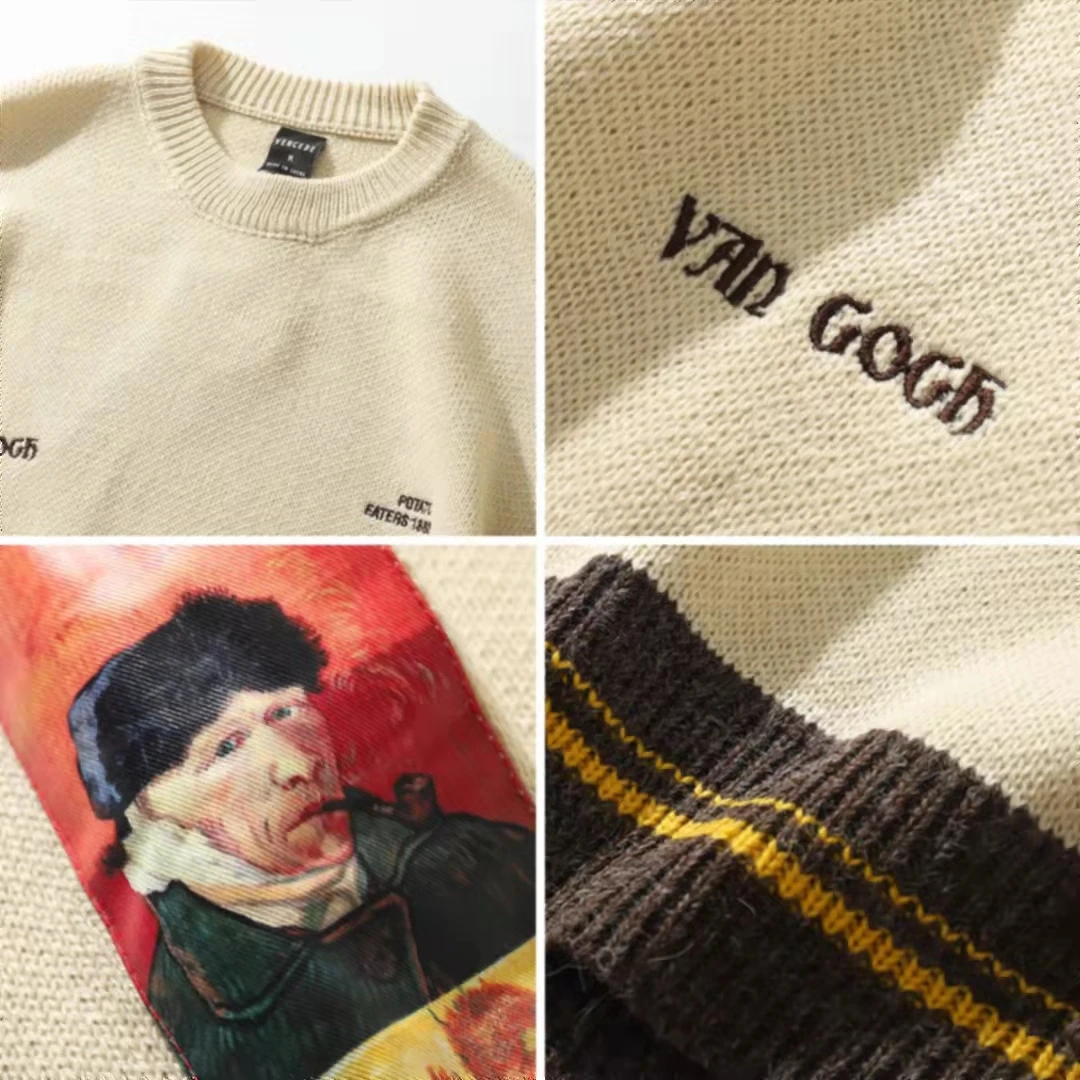 Мужской трикотажный свитер с вышивкой Ван Гога черный или серый винтажный