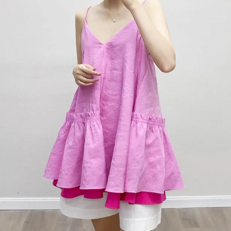 

Women Sling Dress Pink Ruffles Sweet V-neck Sleeveless Loose Fashion Ladies Mini Dresses Summer 2021