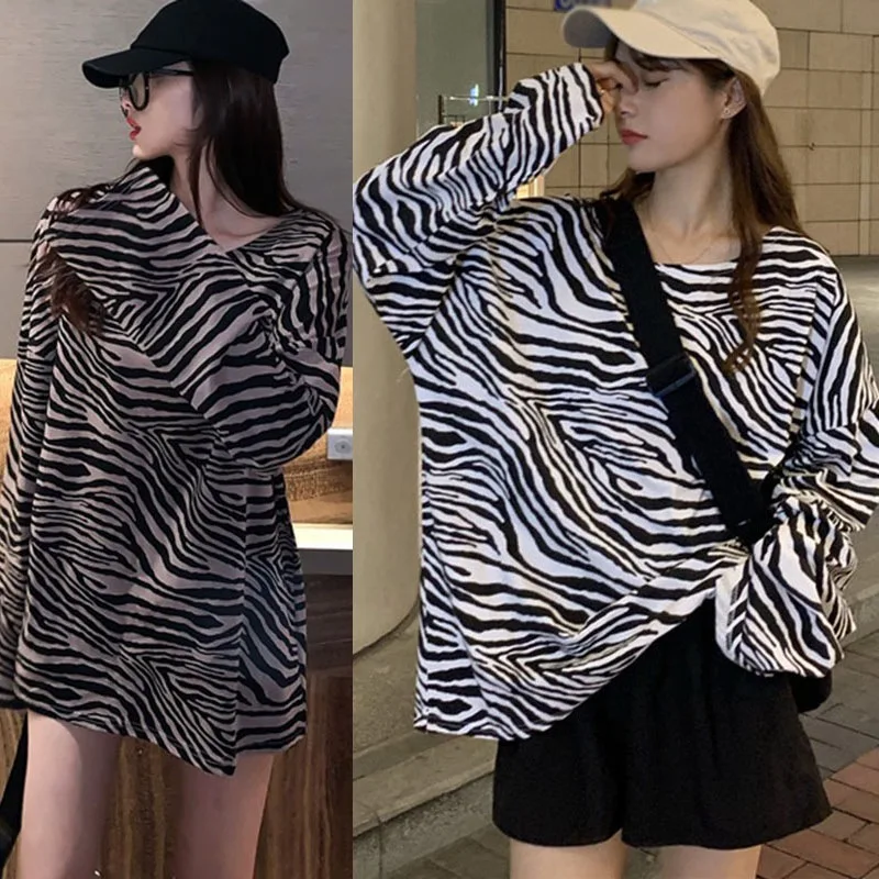 

Female Fashion Retro Zebra Pattern T-shirt Spring Autumn Loose Casual Long-sleeved Top Women T Shirt