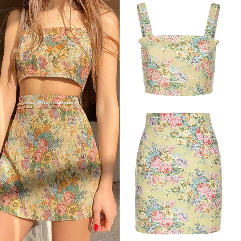 

Lady Floral Print Package Hip Skirt Tank Tops Women Suit Hide Zipper High Waist Summer Mini Bodycon Skirt Basic Clothing Set